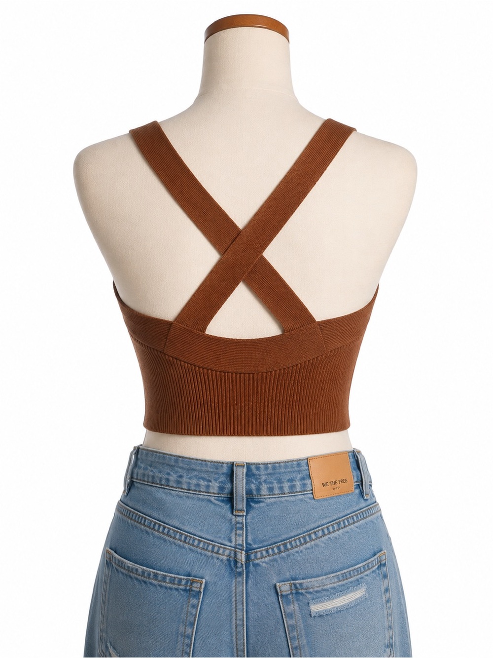 House of Harlow 1960 Brown Ribbed Cross Back Crop Top Medium - Picture 2 of 5